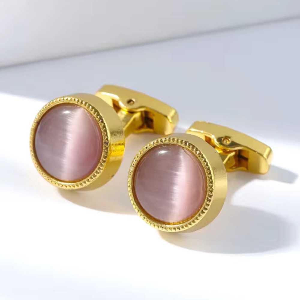Elegant Round Rose Quartz Gold Cufflinks